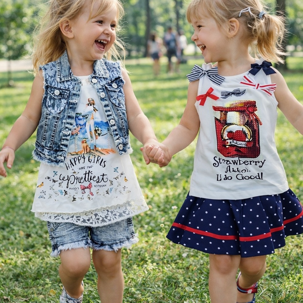 3T Matching Outfit Sets | Shirt & Denim Shorts + Shirt & Skirt w/ Headband | NEW
